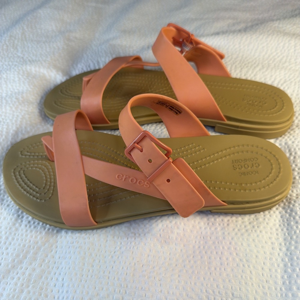 Crocs Tulum Toe Post Thong Womens Sandals Orange/Beige Buckle Strap Size 9